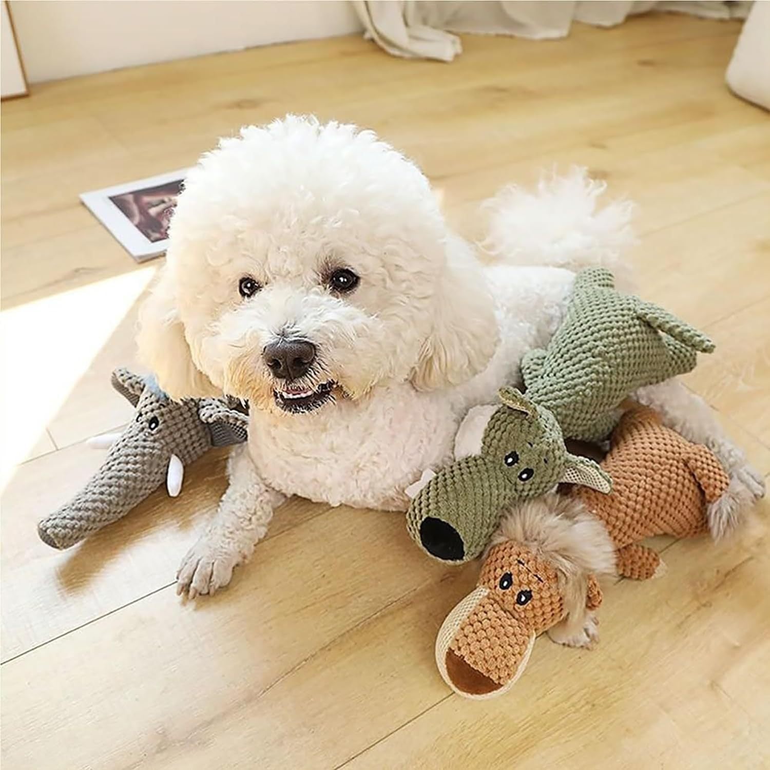 JMT-387850 Durable Chew Toy for Heavy Chewers - Indestructible Plush Animal with Squeaker and Crinkle Paper, Promotes Dental Health for Dogs