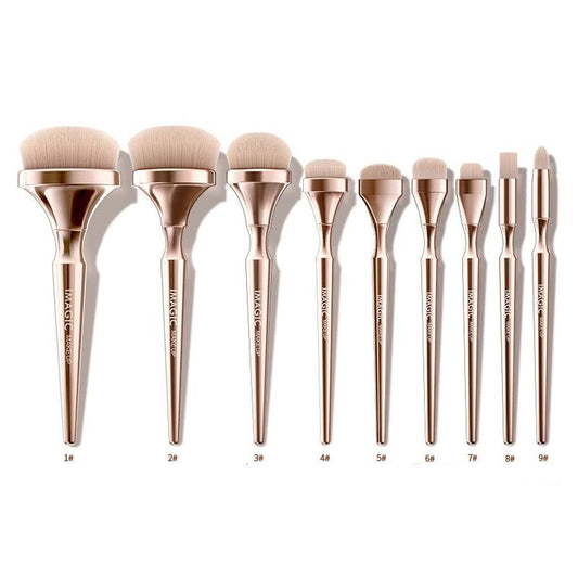 JMT-387978 9-Piece Gold Brush Set for Makeup Artists - Suitable for All Skin Types, Long Handle, Nylon/Plastic