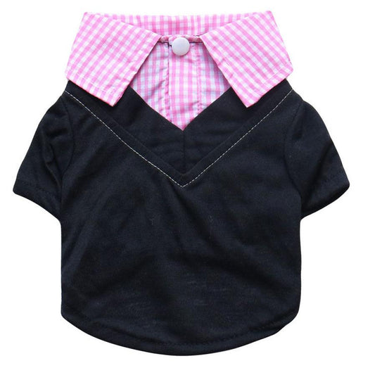 JMT-389642 Teddy Printed Plaid Pointed Collar Pet Shirt for Small Dogs - Polyester T-Shirt in Black and Pink, Yellow, or Blue
