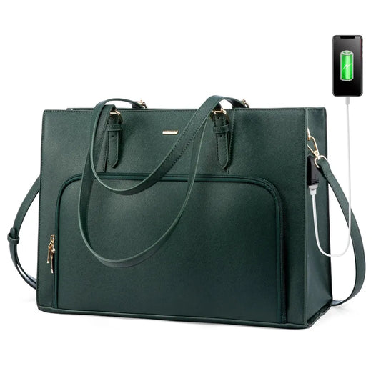 JMT-389834 15.6 in Leather Work Tote Bag with USB Port for Business, School, and Travel - Laptop Briefcase for Women