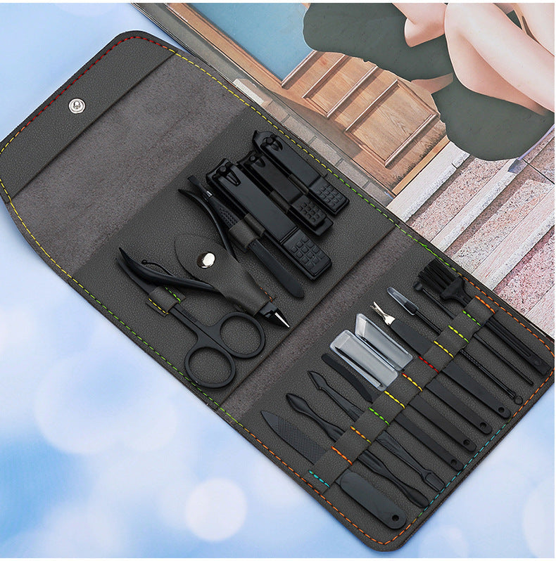 JMT-390154 Stainless Steel Nail Clipper Set with PU Leather Case - 16-Piece Grooming Kit for Home and Travel