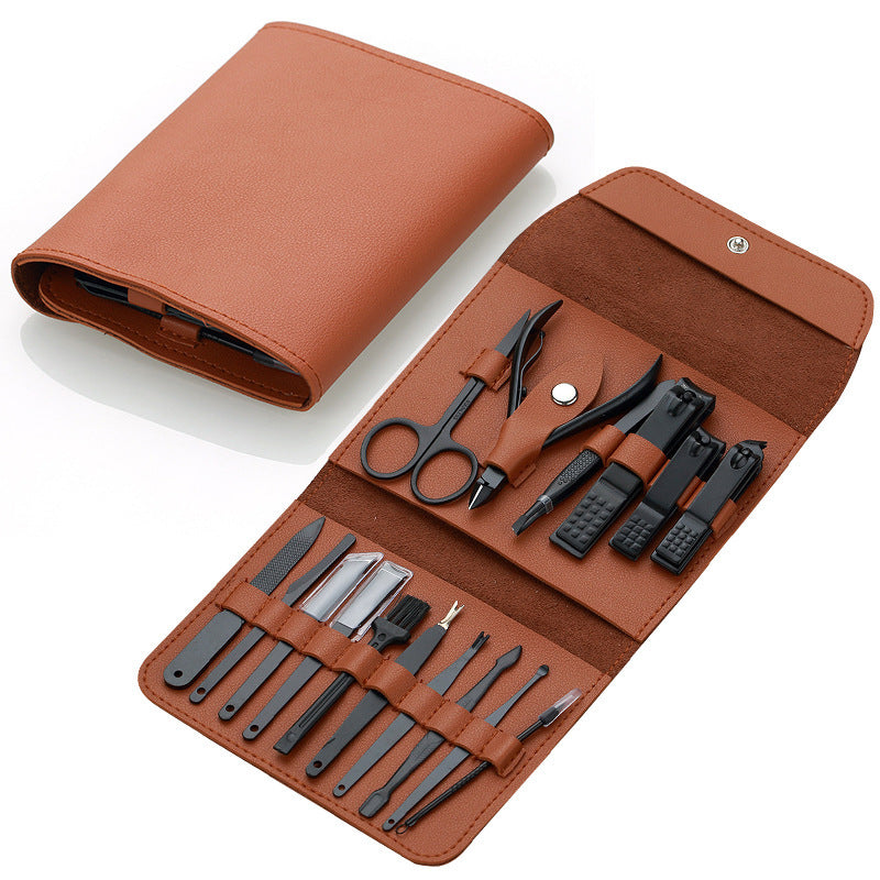 JMT-390154 Stainless Steel Nail Clipper Set with PU Leather Case - 16-Piece Grooming Kit for Home and Travel