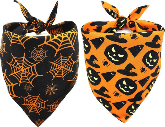 JMT-390474 Reversible Halloween Dog Bandana with Pumpkin and Spider Web Designs for Pets, Adjustable Fit up to 16 Inches