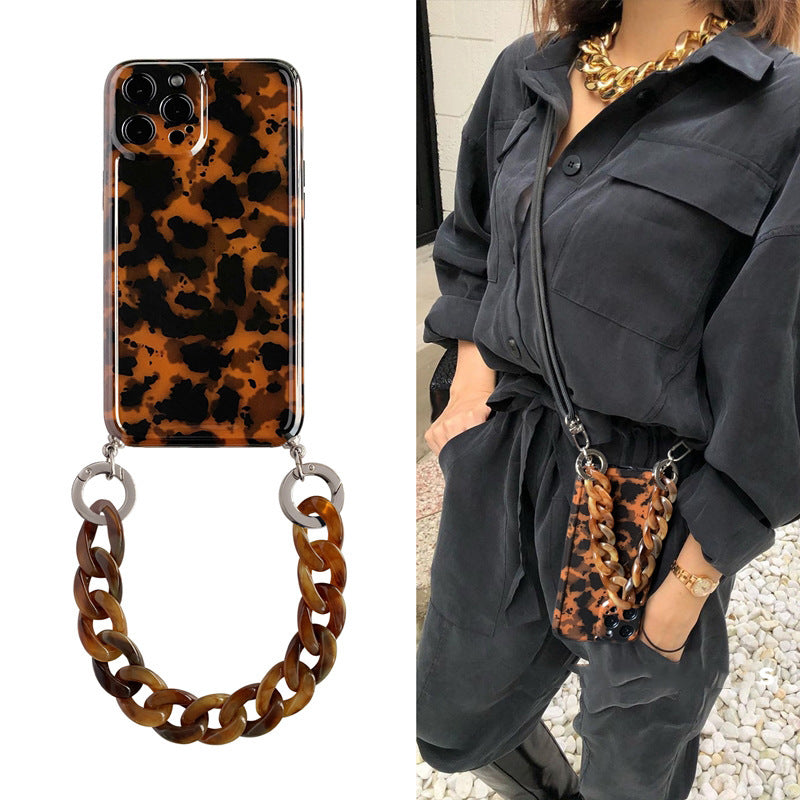JMT-390538 Amber Leopard Diagonal Chain Phone Case Compatible with iPhone Models 7/8/SE 2020, 7Plus/8Plus, X/XS, XR, XSMax, 11, 11Pro, 11ProMax, 12Mini, 12, 12Pro, 12ProMax