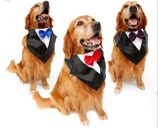 JMT-391626 Elegant Dog Tuxedo Triangle Scarf – Adjustable Neck Size 57-67Cm, Silk Fabric with Waterproof Nylon Base in Red, Blue, and Purple