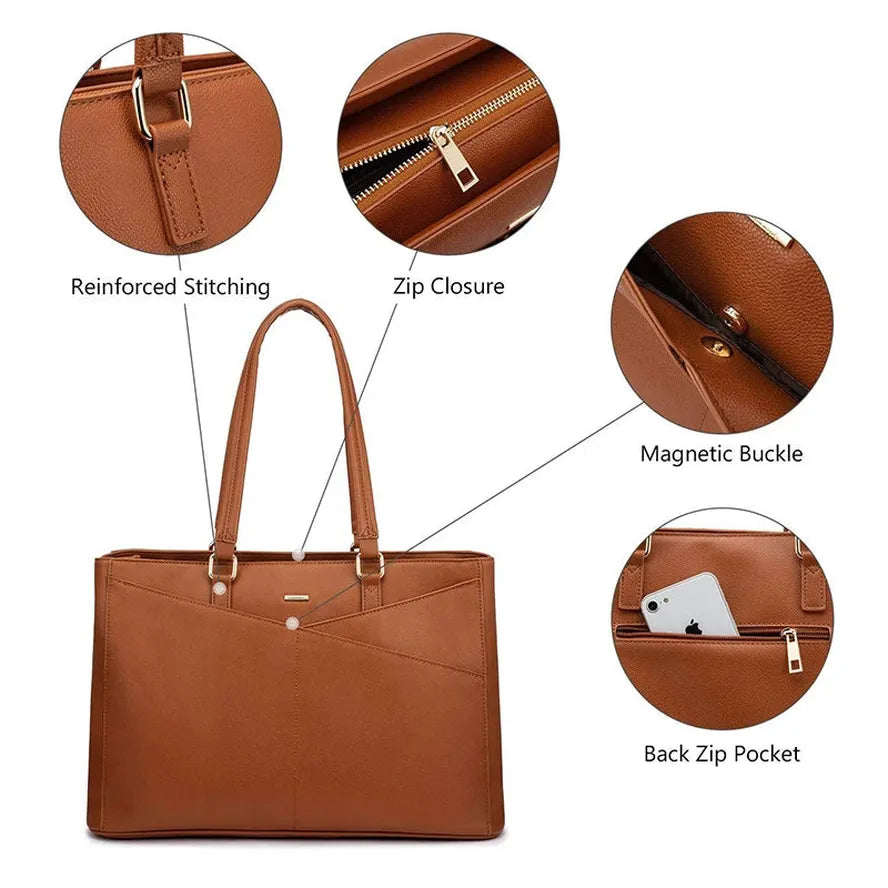 JMT-392650 Waterproof Leather Laptop Tote Bag for Women - 15.6 Inch Business Briefcase and Handbag