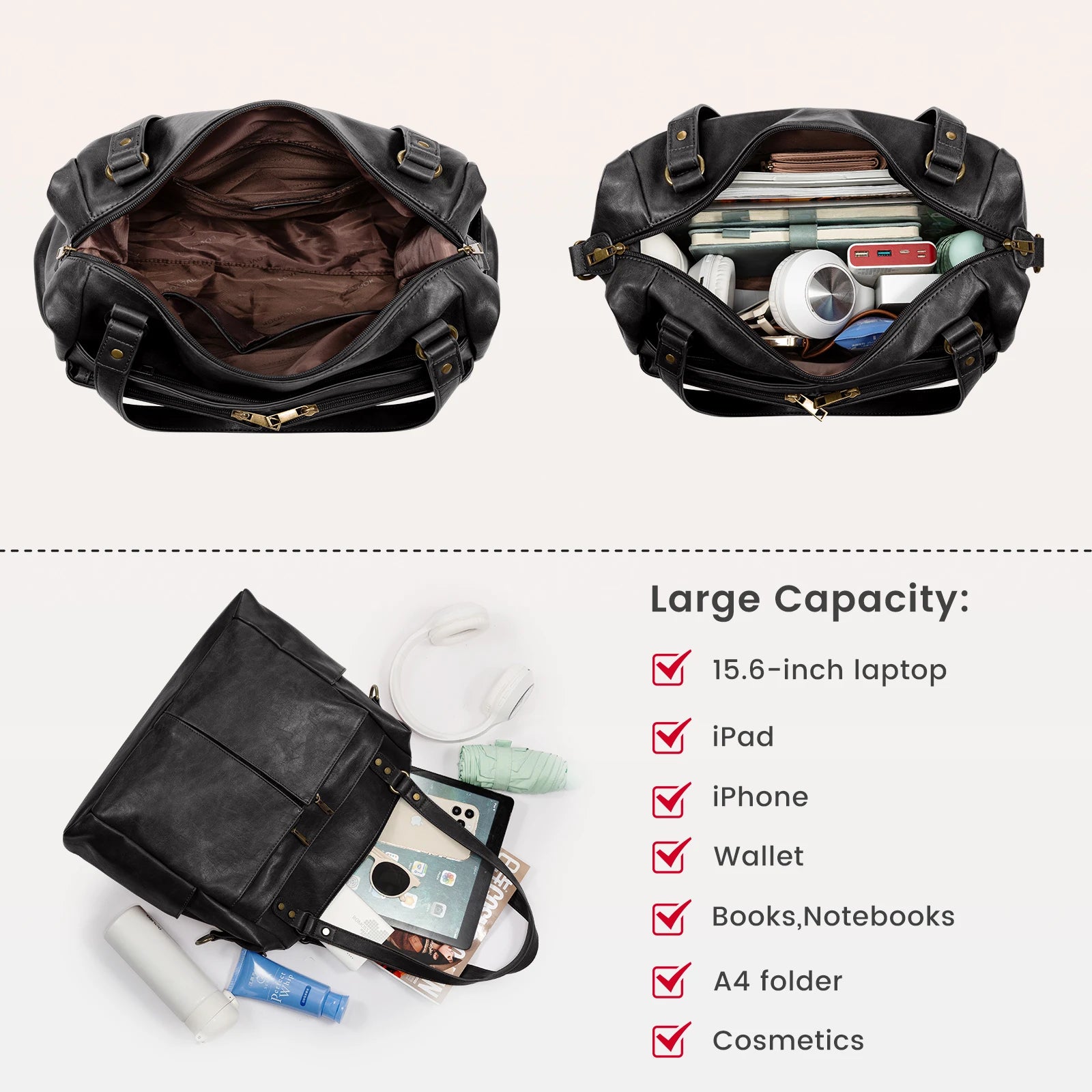 JMT-393034 Spacious PU Leather Tote Bag for Women - Versatile Hobo Shoulder and Crossbody Design, Ideal for Laptops