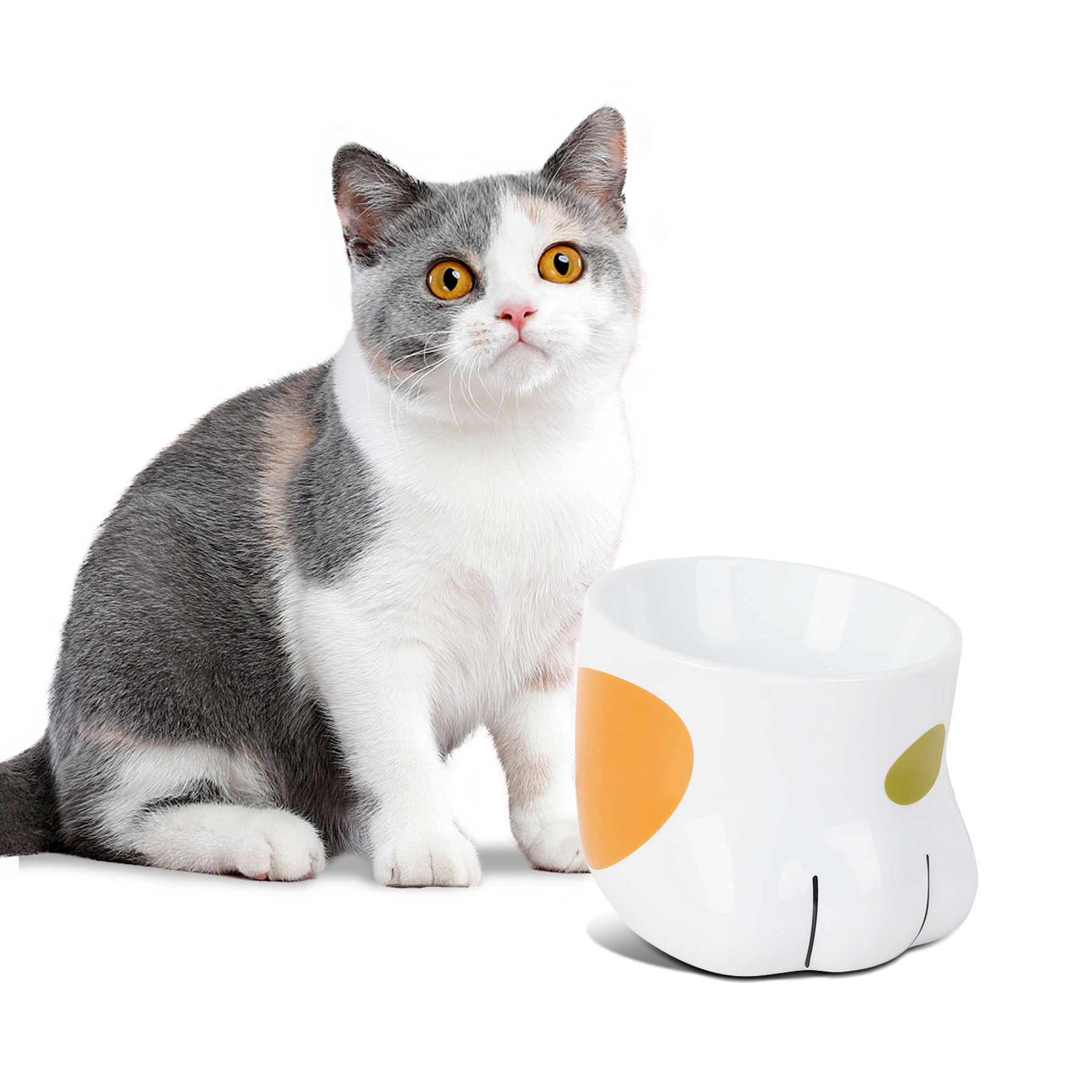 JMT-393482 Ceramic Cat Paw Bowl for Food and Water - Adorable White Design, 130mm x 150mm x 117mm