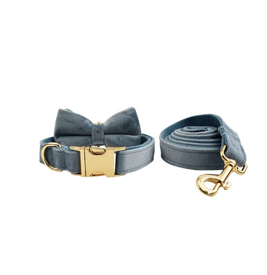 JMT-394954 Velvet Pet Collar and Leash Set with Bow Tie - Adjustable Sizes XS to XL