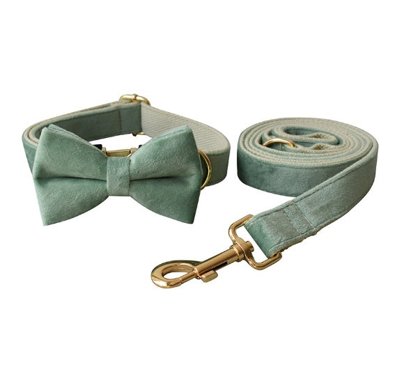 JMT-394954 Velvet Pet Collar and Leash Set with Bow Tie - Adjustable Sizes XS to XL