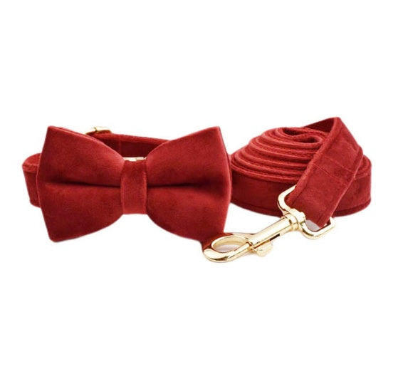 JMT-394954 Velvet Pet Collar and Leash Set with Bow Tie - Adjustable Sizes XS to XL