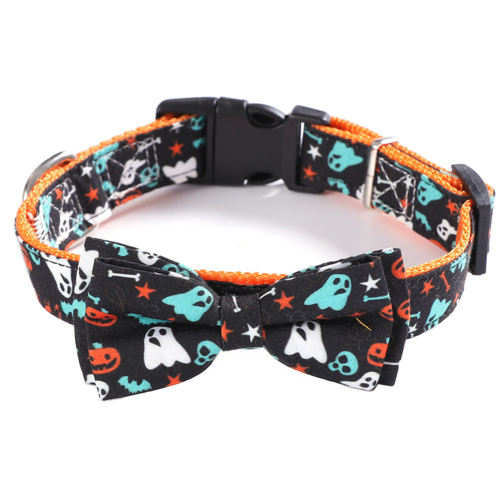 JMT-395274 Geometric Pattern Cat Collar Holiday Ornaments in Black Ghost, Yellow Pumpkin, and Black Skull