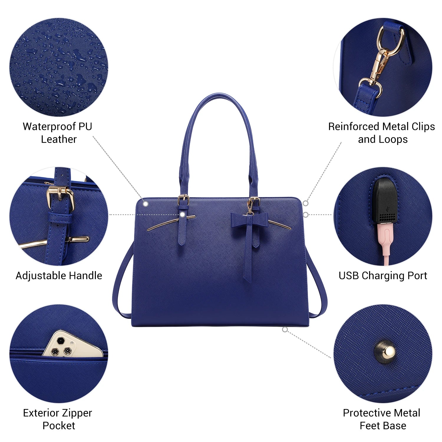 JMT-395274 Stylish PU Leather Laptop Tote Bag for 15.6 Inch Devices with USB Charging Port