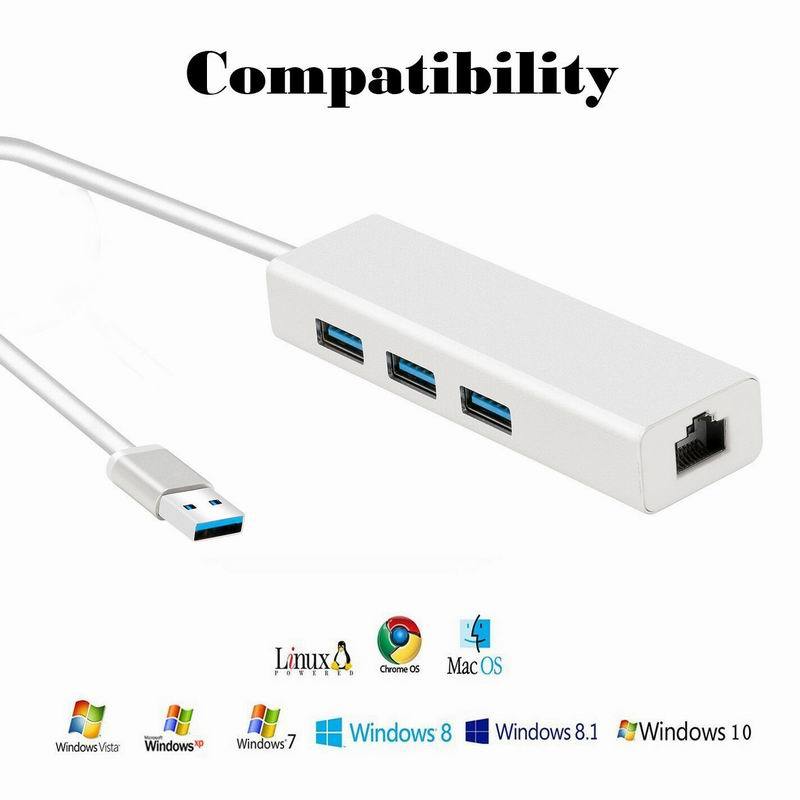 JMT-396874 USB 3.0 Gigabit Ethernet Adapter with 3-Port Hub for Mac, PC, and Chromebooks, 1000 Mbps Speed