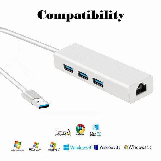 JMT-396874 USB 3.0 Gigabit Ethernet Adapter with 3-Port Hub for Mac, PC, and Chromebooks, 1000 Mbps Speed