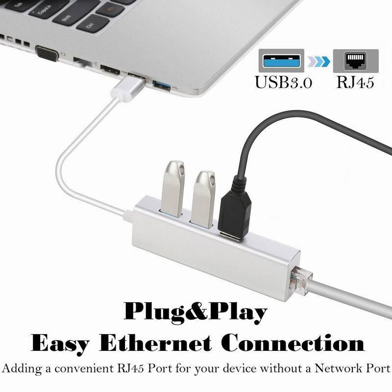 JMT-396874 USB 3.0 Gigabit Ethernet Adapter with 3-Port Hub for Mac, PC, and Chromebooks, 1000 Mbps Speed