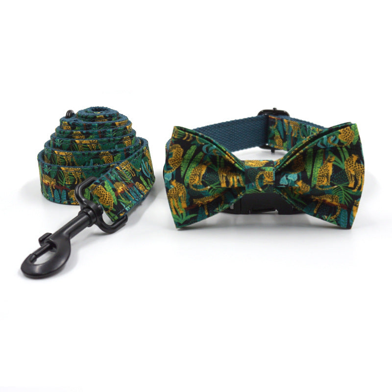 JMT-397258 Elegant Green Cloth Pet Collar with Bowknot and Leash Set