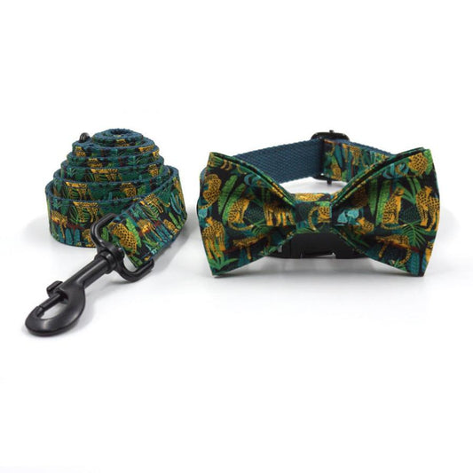 JMT-397258 Elegant Green Cloth Pet Collar with Bowknot and Leash Set