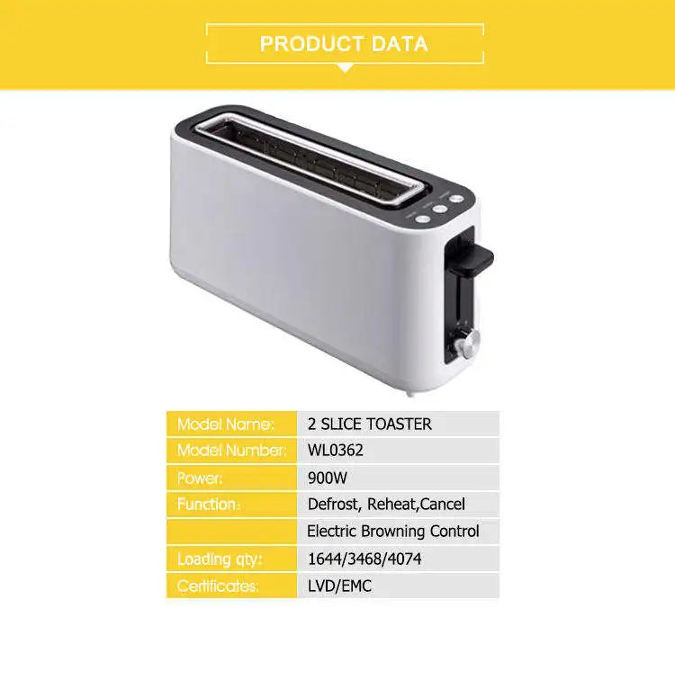 JMT-400010 Slim Black 2-Slice Toaster with Long Slot - 900W Space-Saving Design