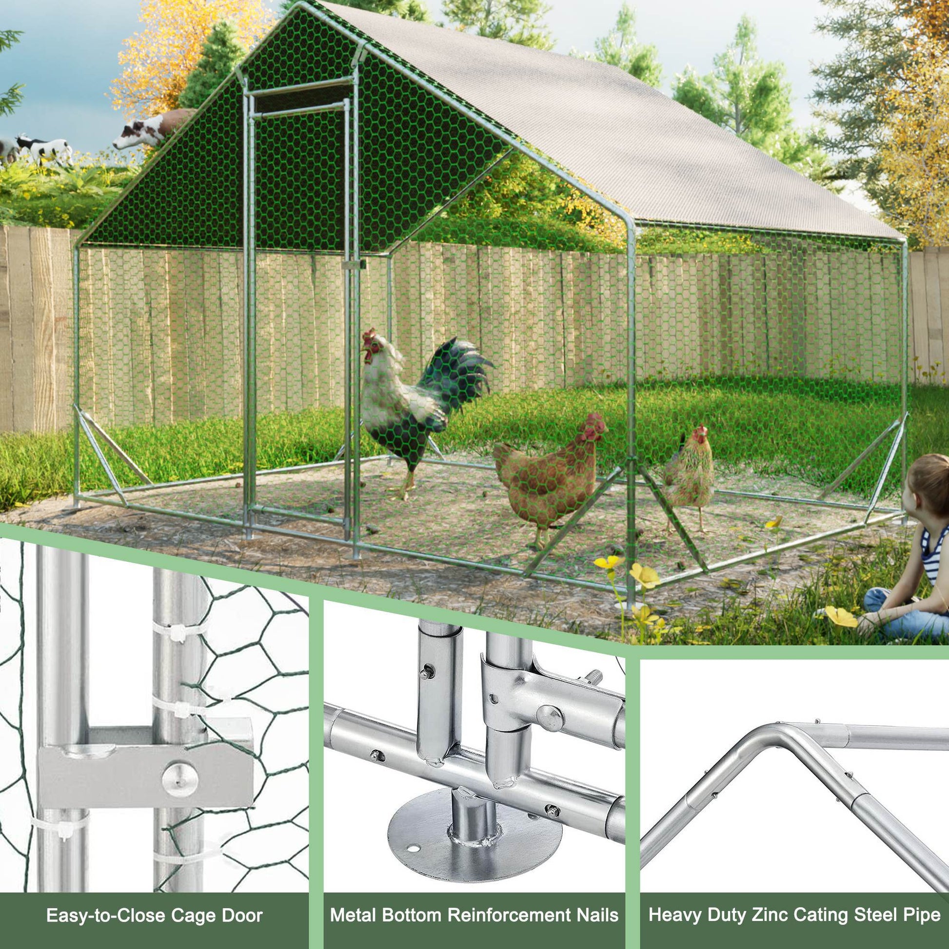 JMT-400074 Large Walk-in Chicken Coop with Galvanized Wire and Waterproof Cover for Poultry, Ducks, Rabbits, and Small Animals