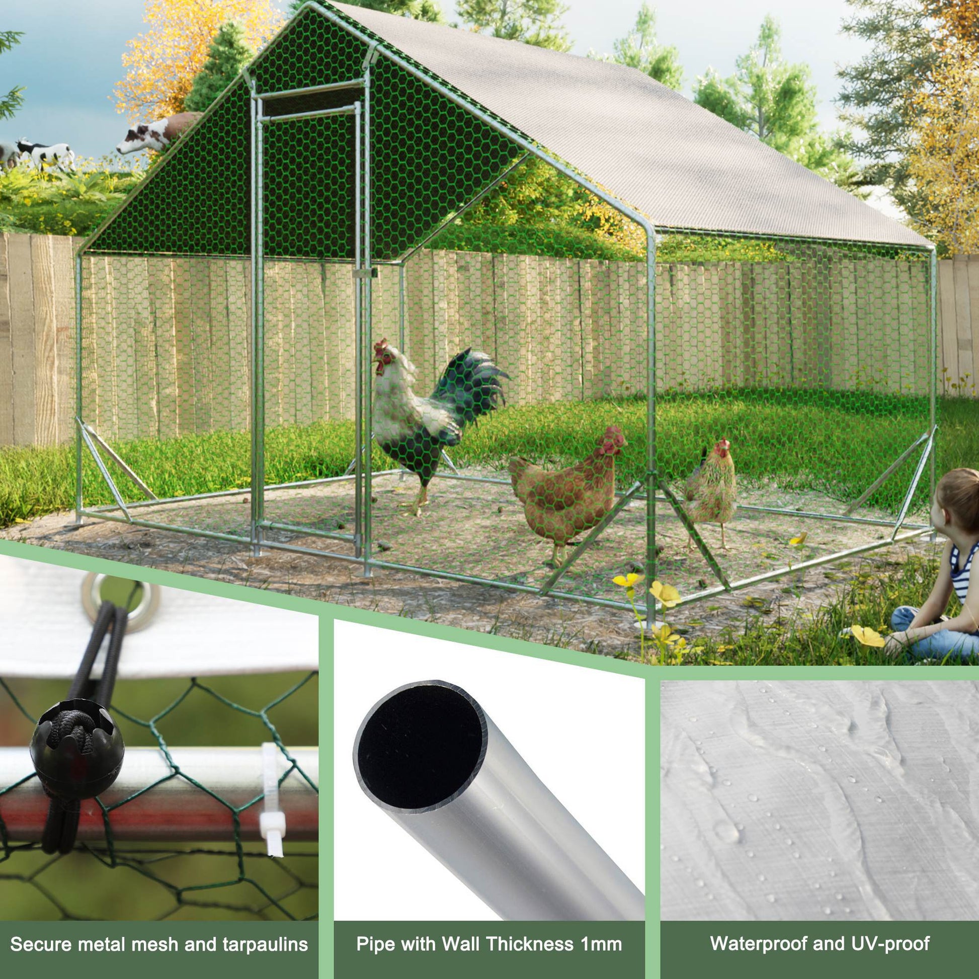 JMT-400074 Large Walk-in Chicken Coop with Galvanized Wire and Waterproof Cover for Poultry, Ducks, Rabbits, and Small Animals