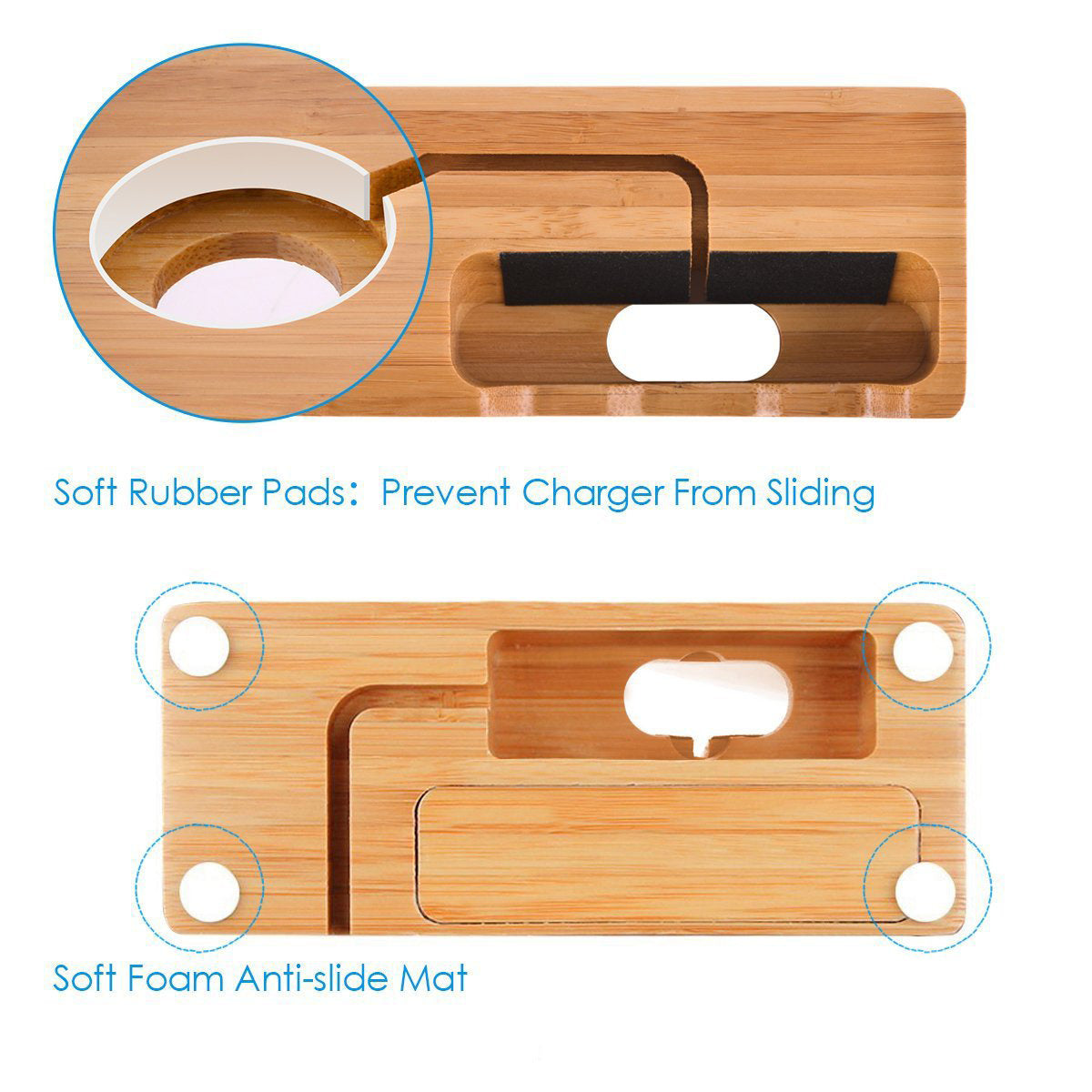 JMT-402314 Bamboo Charging Station with 3-Port USB Hub for Mobile Phones and Smartwatches