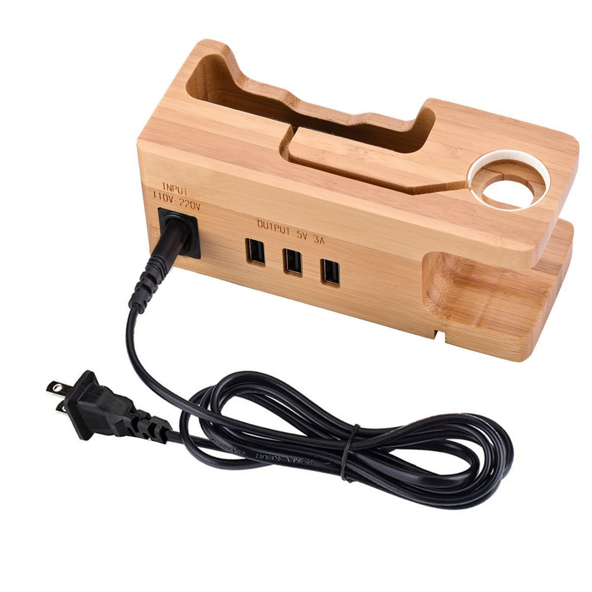 JMT-402314 Bamboo Charging Station with 3-Port USB Hub for Mobile Phones and Smartwatches