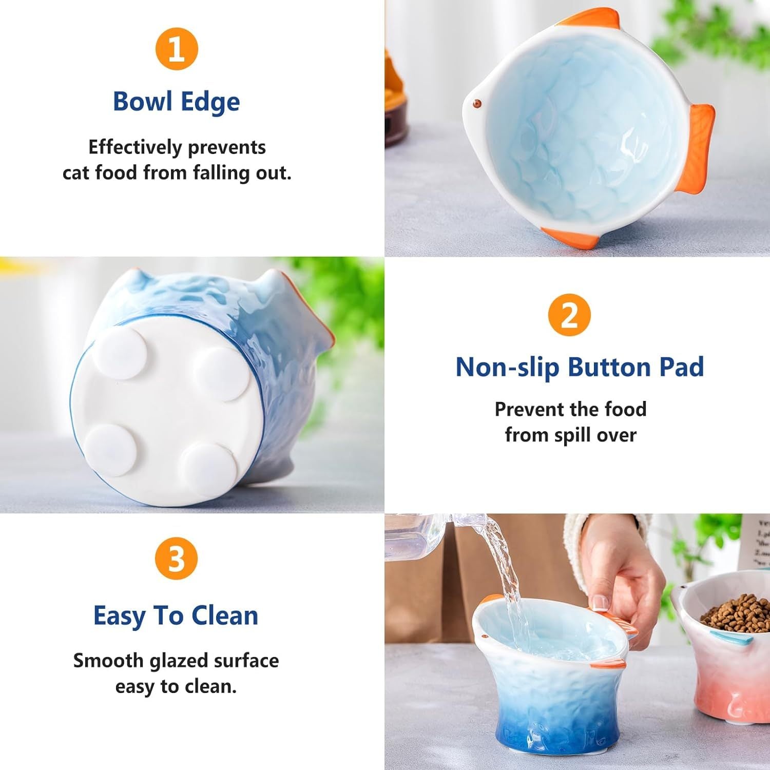 JMT-403338 Elevated Ceramic Cat Bowl – Fish Shape Design with 15° Tilt for Whisker Fatigue Relief and Easy Eating