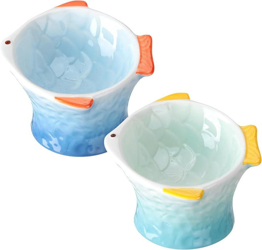 JMT-403338 Elevated Ceramic Cat Bowl – Fish Shape Design with 15° Tilt for Whisker Fatigue Relief and Easy Eating