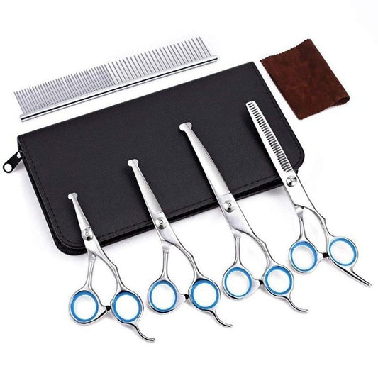 JMT-403594 Stainless Steel Pet Grooming Shears Set with Trimming Scissors, Combs, and Leather Case