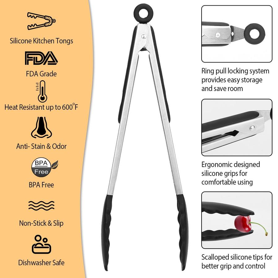 JMT-404554 Stainless Steel Kitchen Tongs Set with Silicone Tips – Locking Food Tongs for BBQ, Grilling, Salad, and Spaghetti