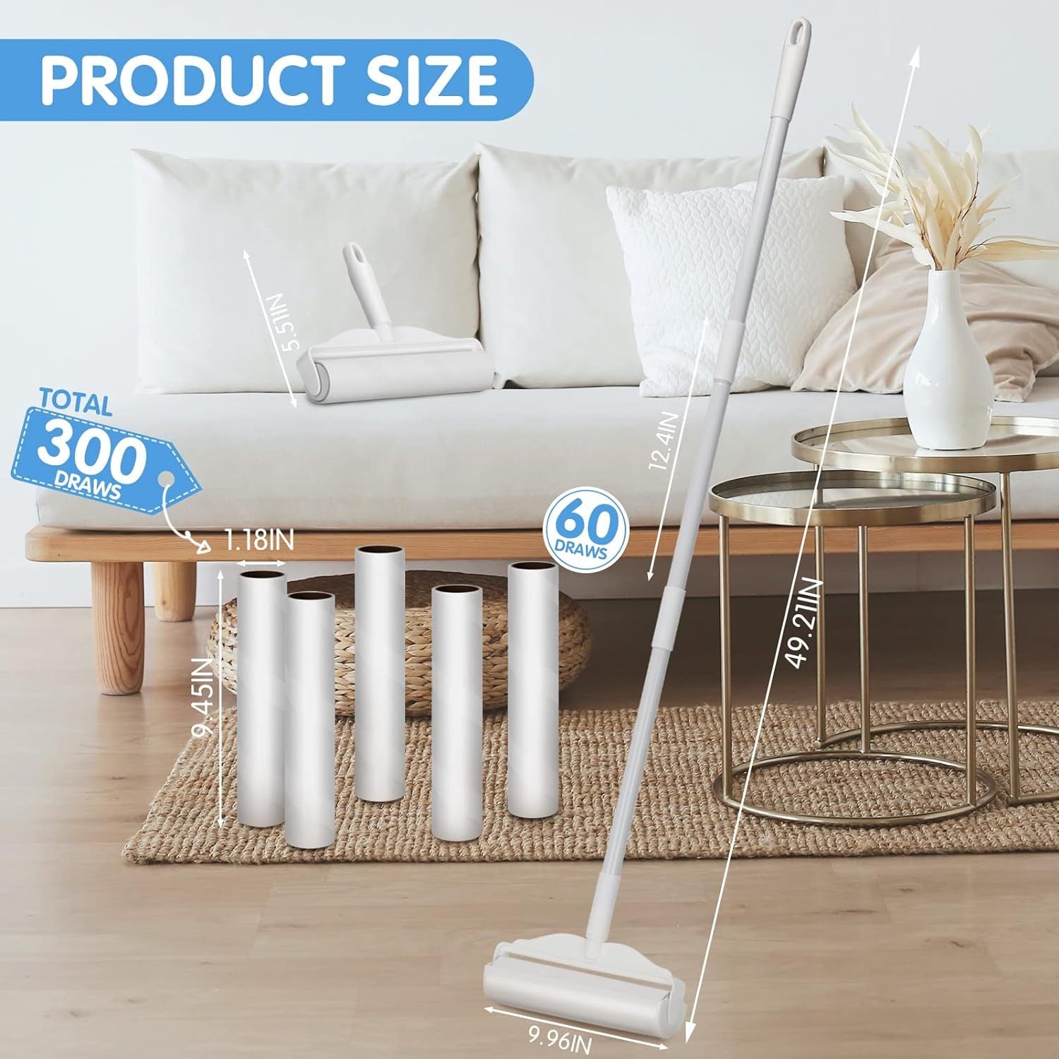 JMT-404746 Extra-Wide Lint Roller with 4ft Retractable Handle for Efficient Pet Hair Removal