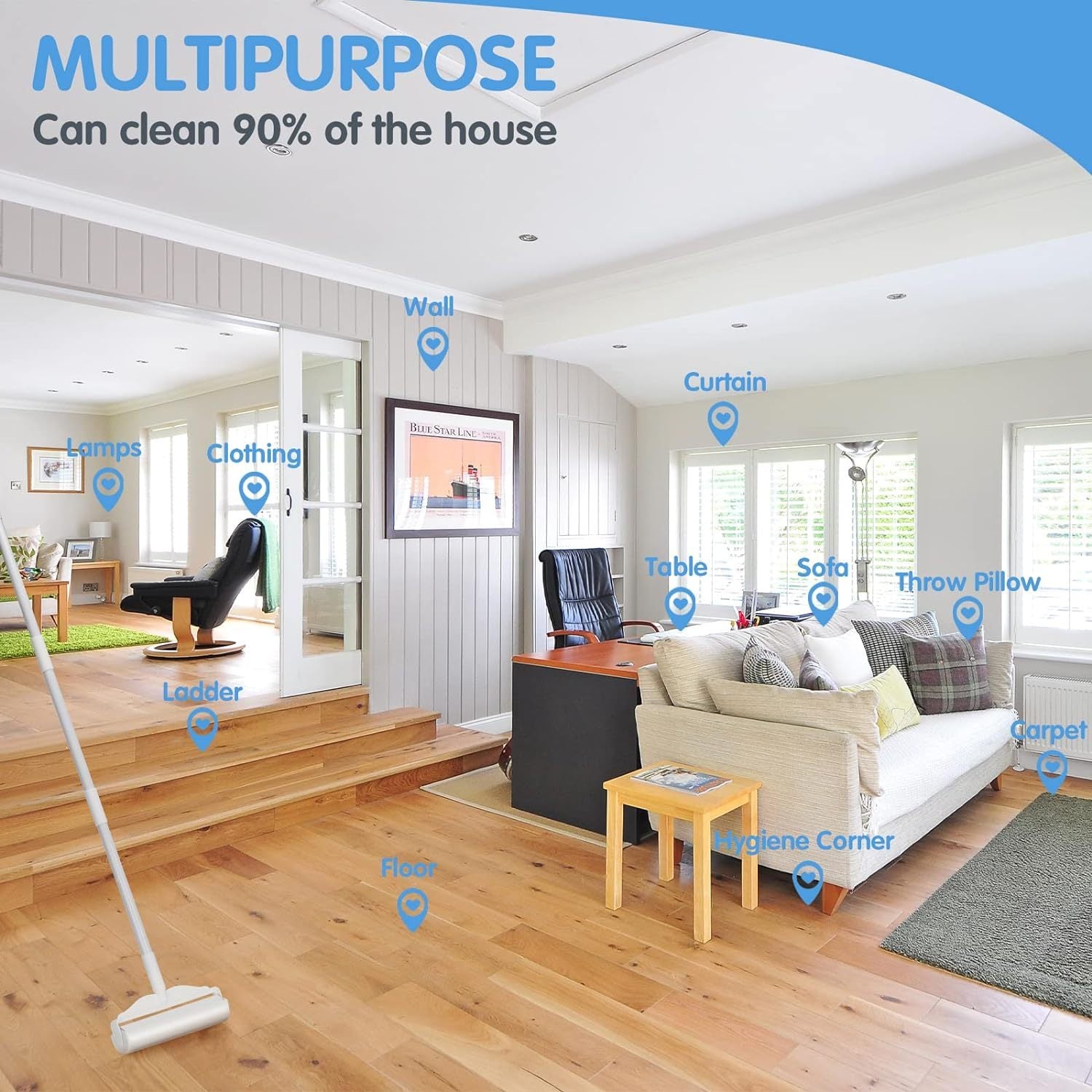 JMT-404746 Extra-Wide Lint Roller with 4ft Retractable Handle for Efficient Pet Hair Removal