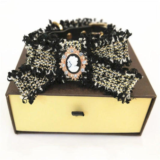 JMT-405322 Adjustable Bow Collar for Dogs and Cats - Color Grid Pattern in Black, White, Red, and Orange, Multiple Sizes Available