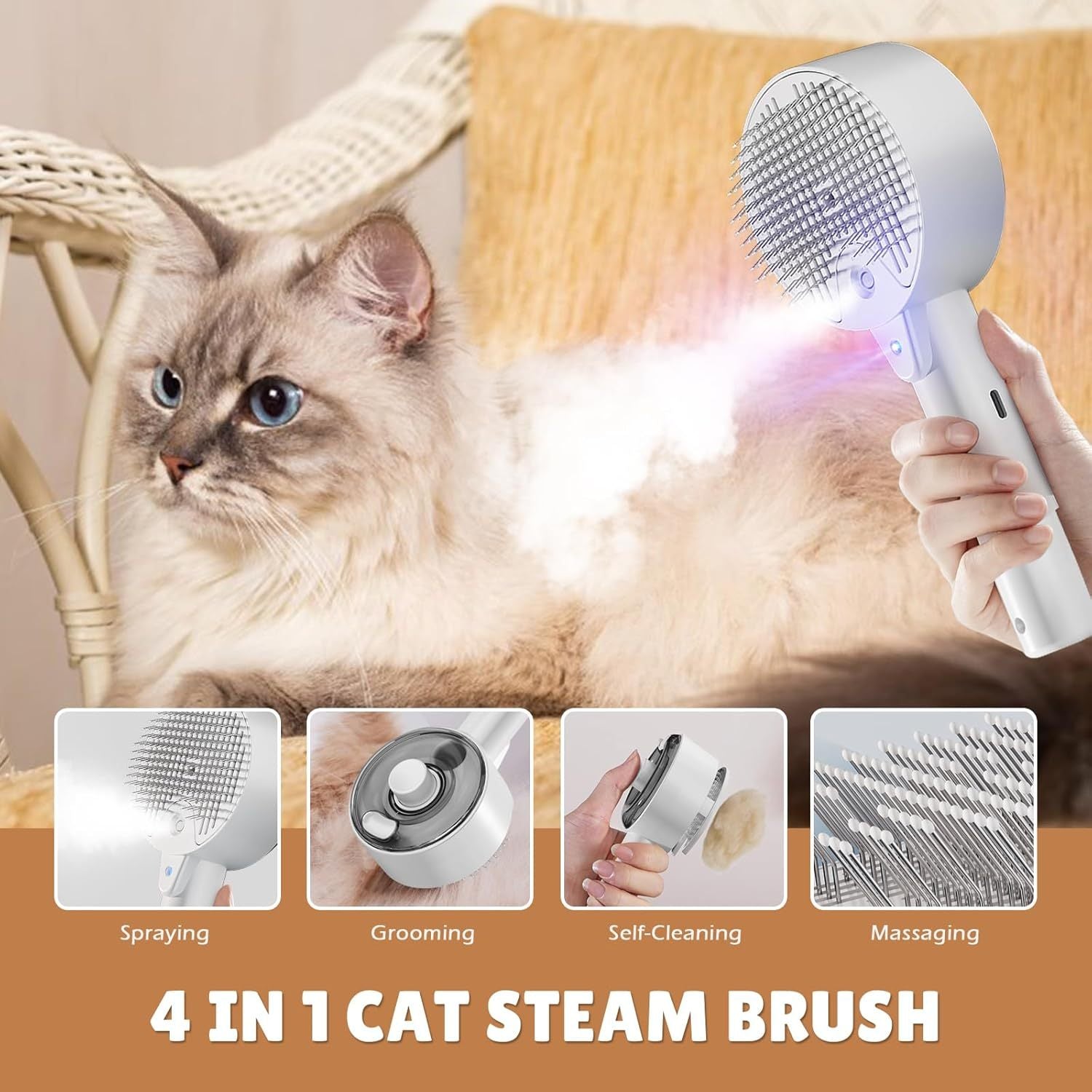 JMT-405642 4-in-1 Cat & Dog Grooming Steam Brush for Shedding, Massage, Self-Cleaning, and Tangle Removal