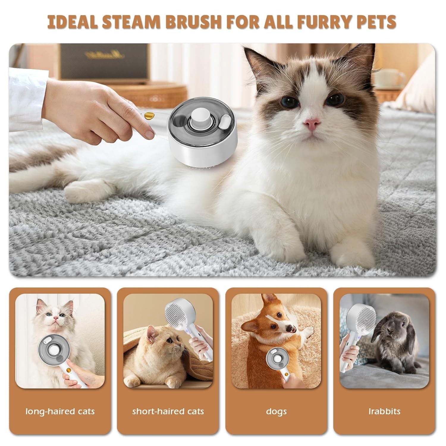 JMT-405642 4-in-1 Cat & Dog Grooming Steam Brush for Shedding, Massage, Self-Cleaning, and Tangle Removal