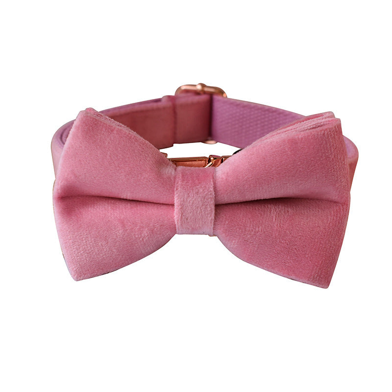JMT-408778 Rose Gold Velvet Dog Collar with Bow Tie and Leash - Double Layer Microfiber, All Seasons, Multiple Sizes
