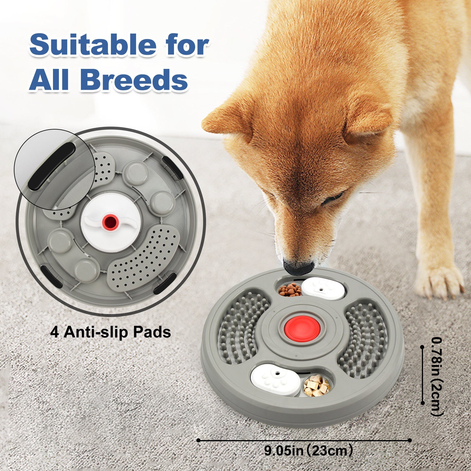 JMT-409290 Slow Feed Pet Bowl with Anti-Slip Base - 2-in-1 Treat Puzzle and Lick Mat for Dogs and Cats, Grey and Blue