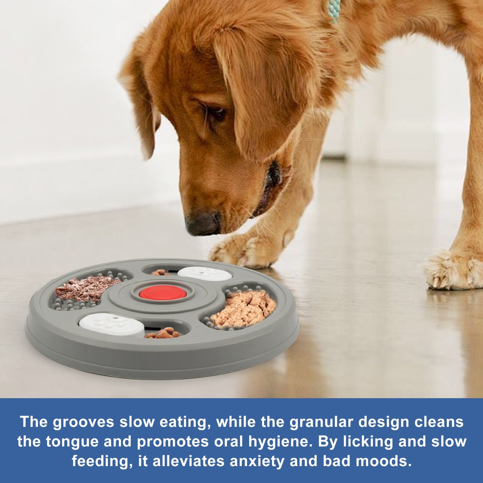 JMT-409290 Slow Feed Pet Bowl with Anti-Slip Base - 2-in-1 Treat Puzzle and Lick Mat for Dogs and Cats, Grey and Blue