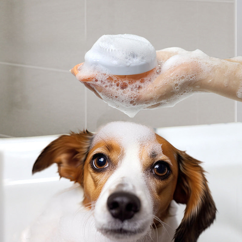 JMT-409354 Silicone Dog Bath Brush with Shampoo Dispenser and Massage Function for Effective Pet Grooming