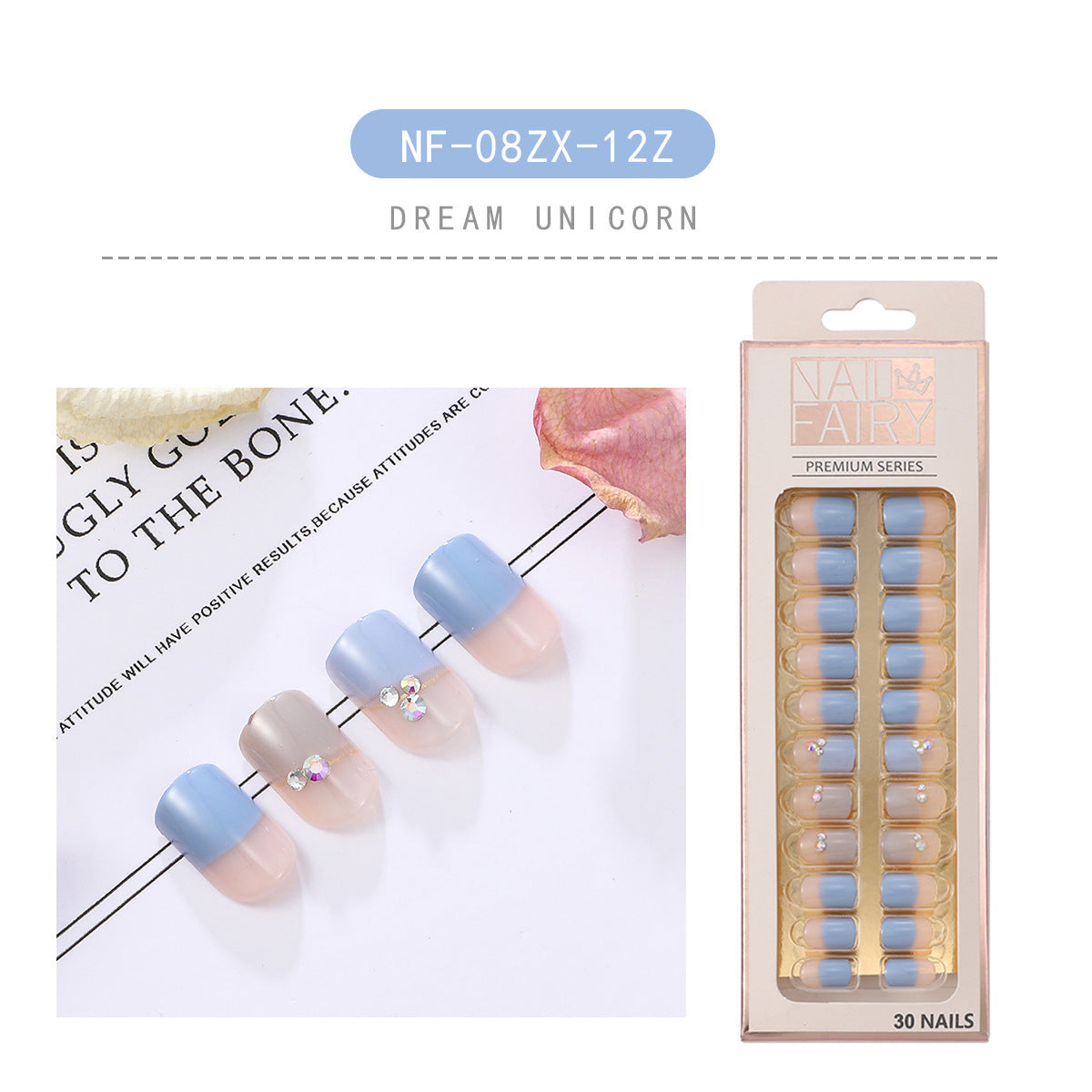 JMT-410570 Waterproof DIY Glitter Fake Nail Patch Set - 30 Pieces with Nail Sequins