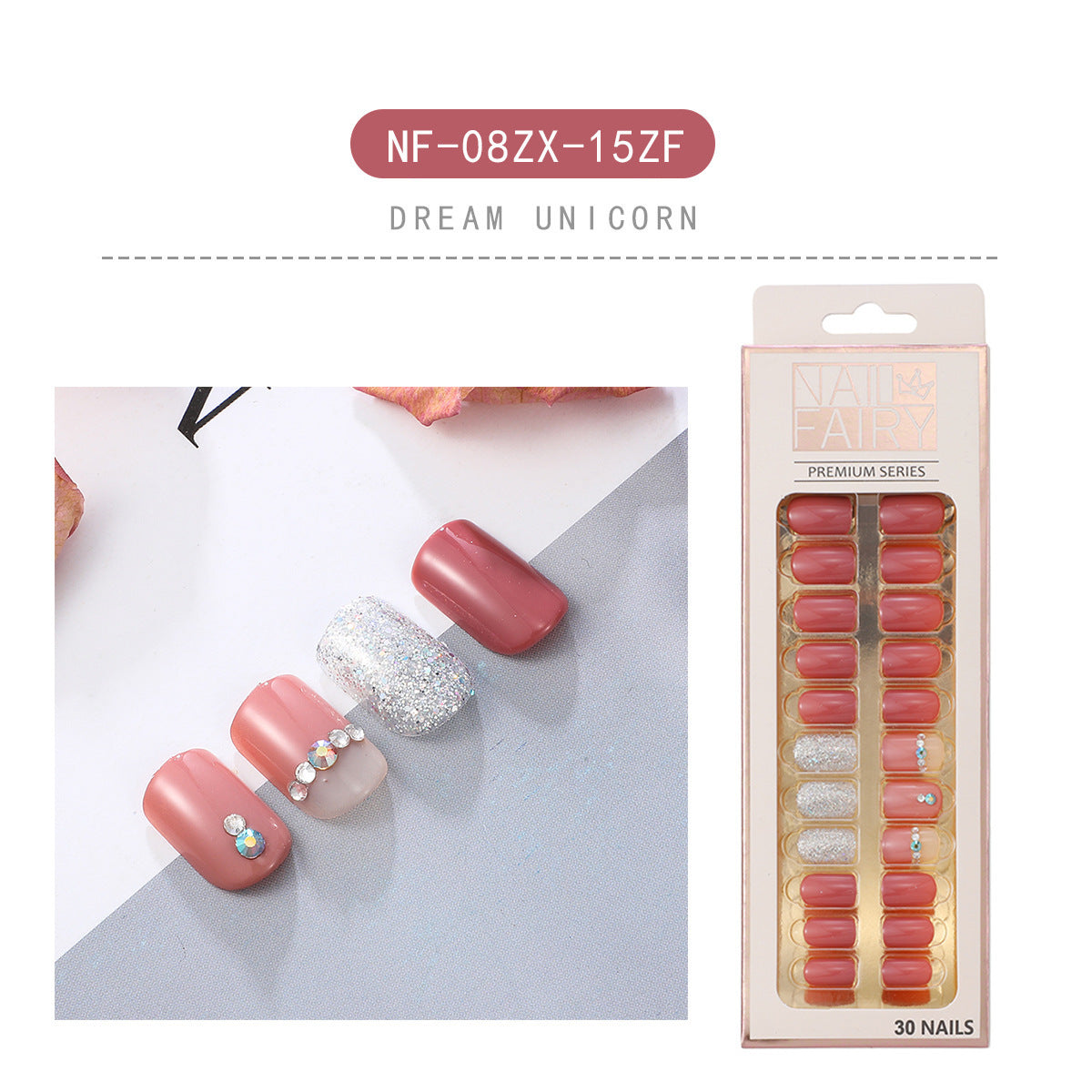 JMT-410570 Waterproof DIY Glitter Fake Nail Patch Set - 30 Pieces with Nail Sequins