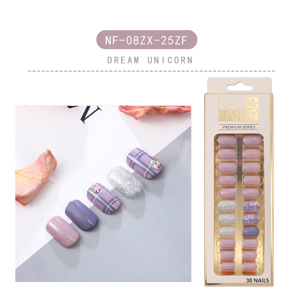 JMT-410570 Waterproof DIY Glitter Fake Nail Patch Set - 30 Pieces with Nail Sequins