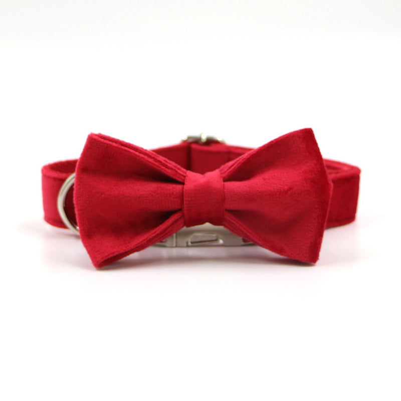 JMT-410762 Red Velvet Pet Collar and Leash Set with Gold Buckle and Bowknot for Christmas