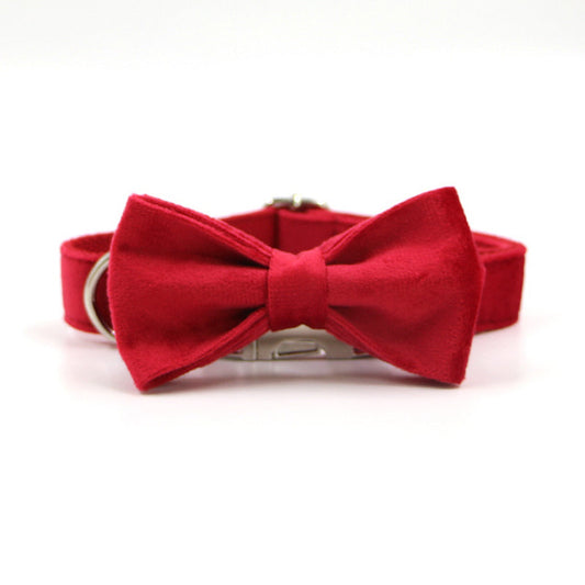JMT-410762 Red Velvet Pet Collar and Leash Set with Gold Buckle and Bowknot for Christmas