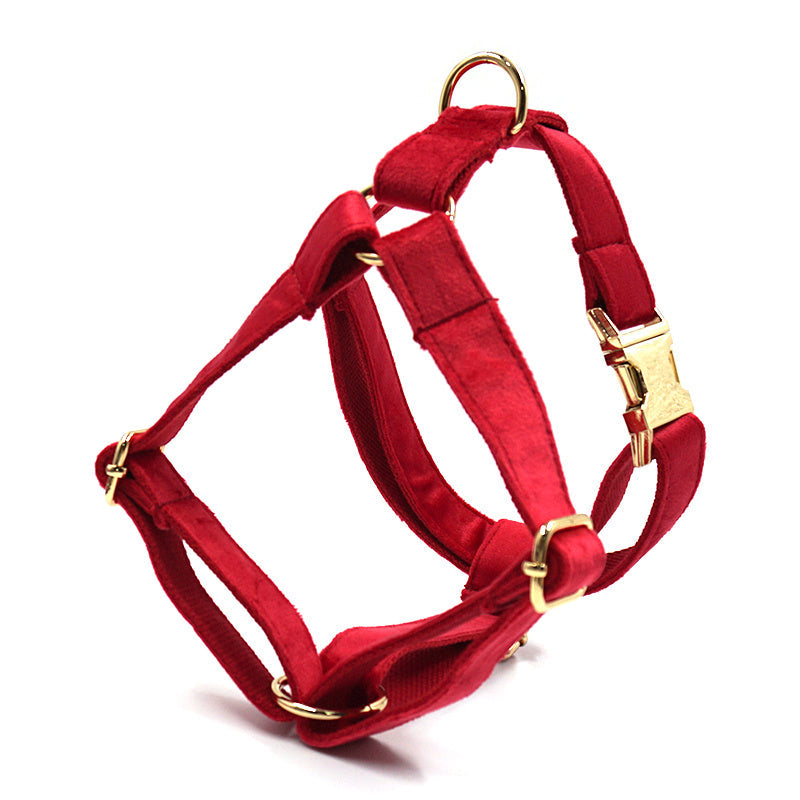 JMT-410762 Red Velvet Pet Collar and Leash Set with Gold Buckle and Bowknot for Christmas