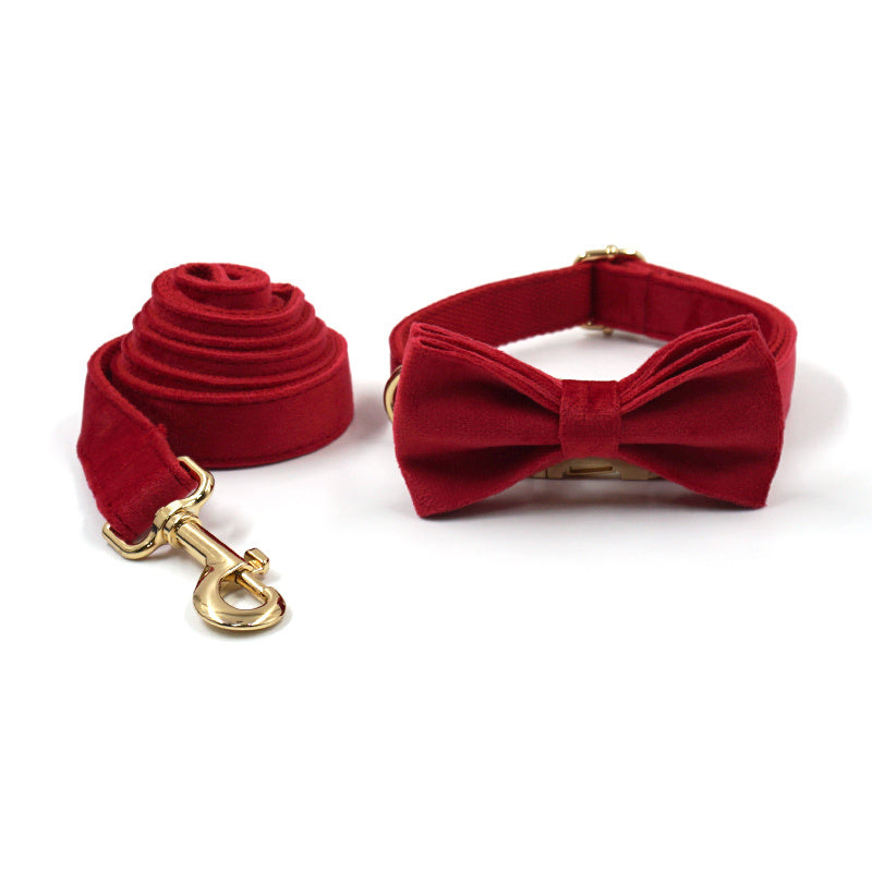 JMT-410762 Red Velvet Pet Collar and Leash Set with Gold Buckle and Bowknot for Christmas