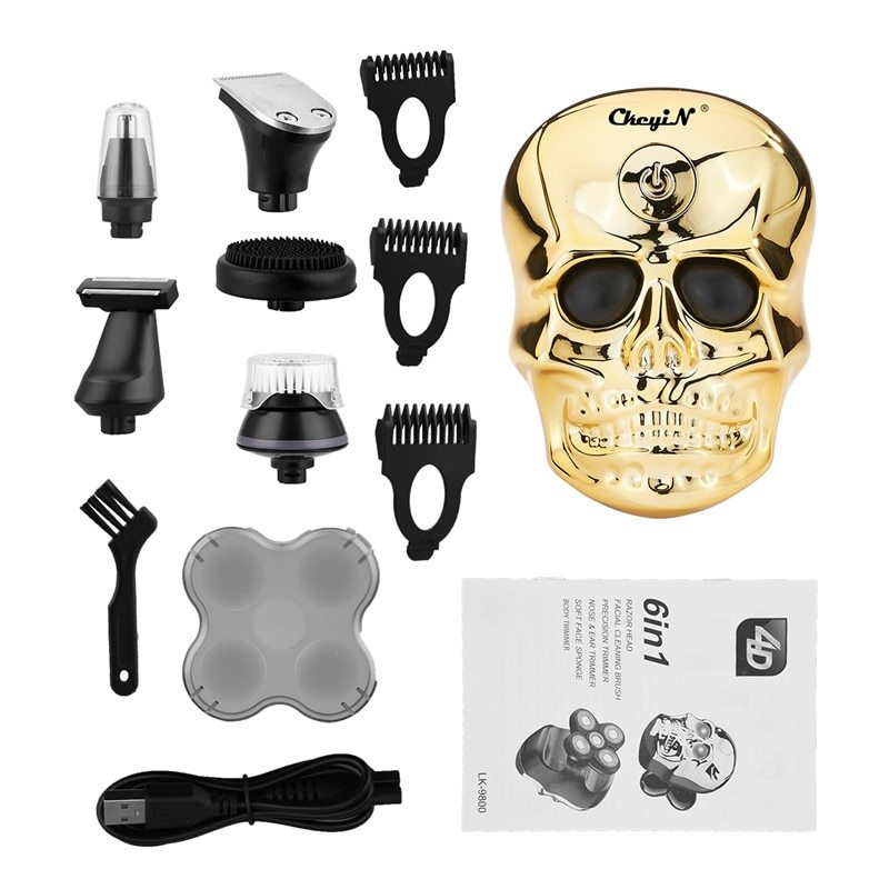 JMT-412810 Six-in-One Multifunctional Electric Shaver with Skull Design, USB Fast Charge & Waterproof System