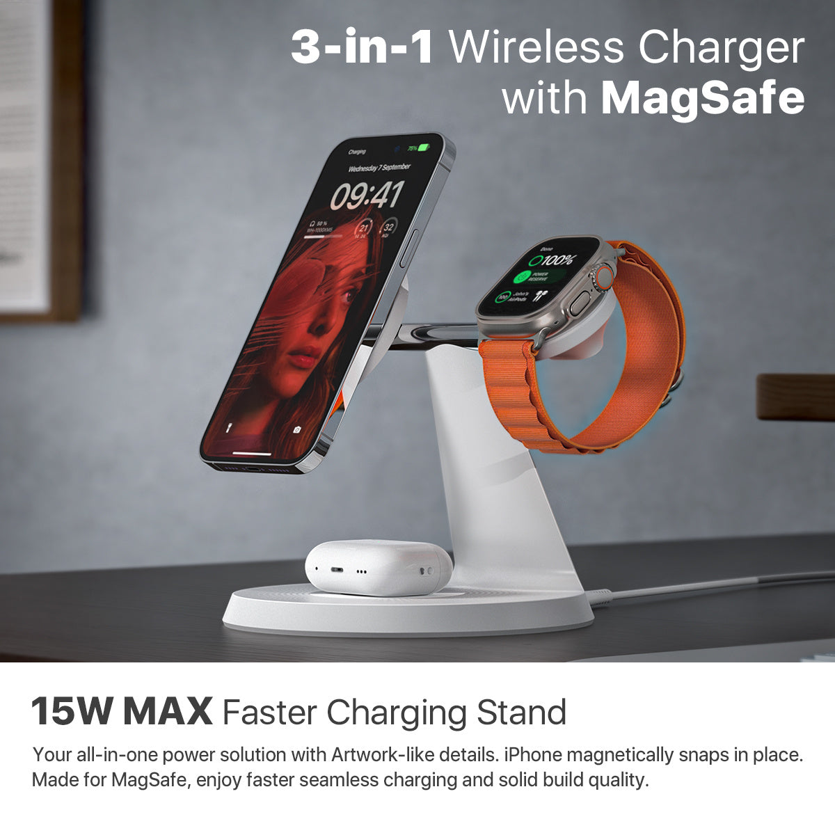 JMT-414410 3-in-1 Wireless Charging Station with MagSafe for iPhone, Apple Watch, and AirPods, 30W Power Adapter Included