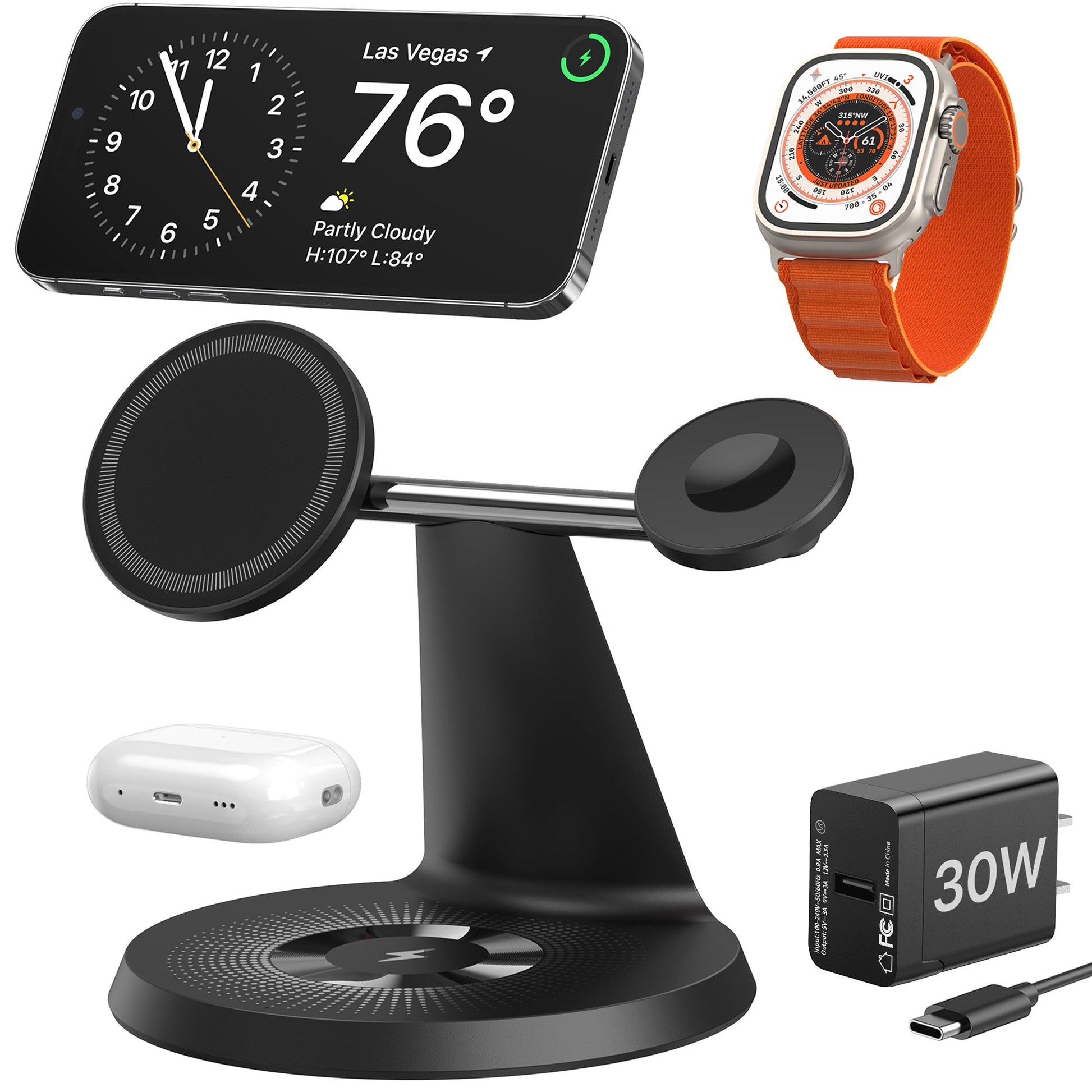 JMT-414410 3-in-1 Wireless Charging Station with MagSafe for iPhone, Apple Watch, and AirPods, 30W Power Adapter Included